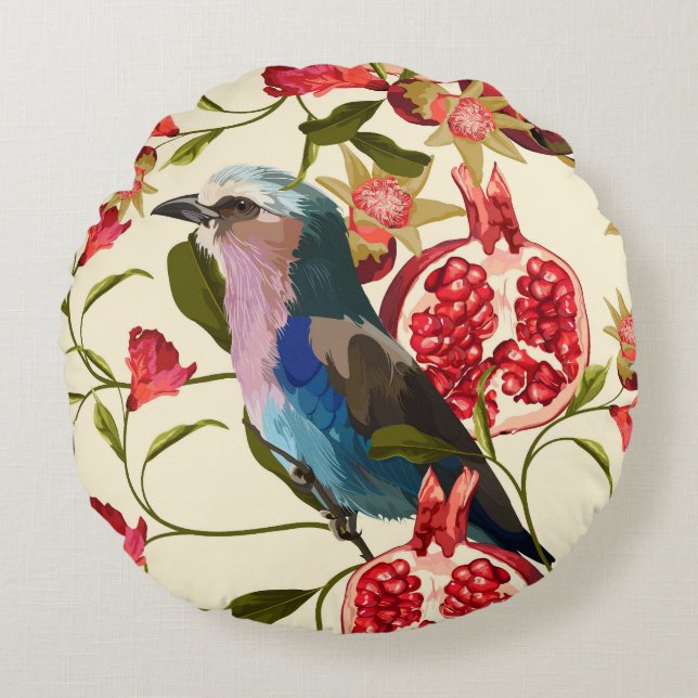 Exotic birds, flowers, pomegranate. round pillow (Front)