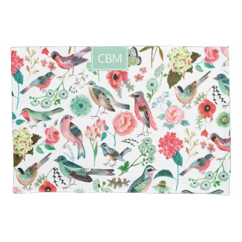 Exotic Birds Jungle Floral Pattern With Monogram   Pillow Case by CartitaDesign at Zazzle