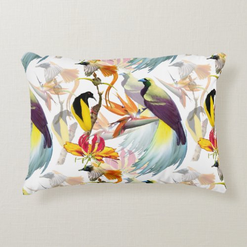 Exotic Birds of Paradise and Flowers Watercolor Accent Pillow