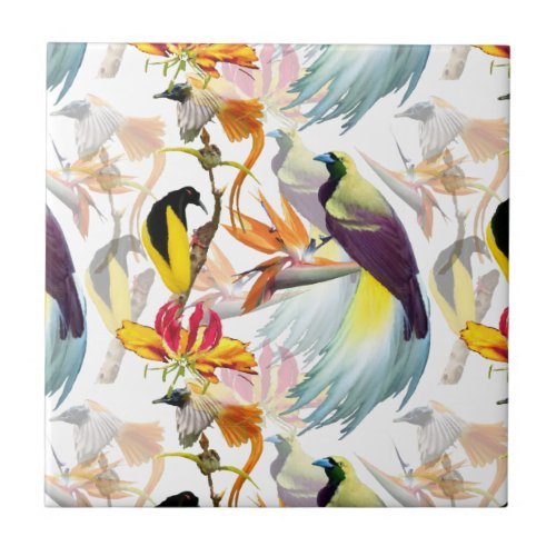 Exotic Birds of Paradise and Flowers Watercolor Ceramic Tile