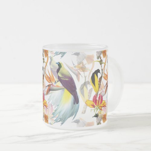 Exotic Birds of Paradise and Flowers Watercolor Frosted Glass Coffee Mug