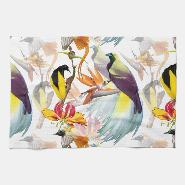 Exotic Birds of Paradise and Flowers Watercolor Kitchen Towel (Horizontal)