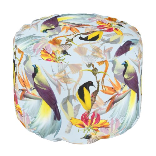 Exotic Birds of Paradise and Flowers Watercolor Pouf