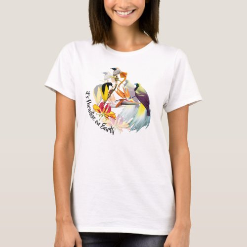 Exotic Birds of Paradise and Flowers Watercolor T_Shirt