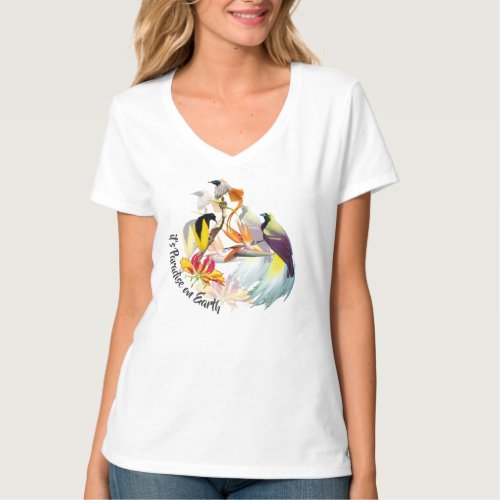 Exotic Birds of Paradise and Flowers Watercolor T_Shirt