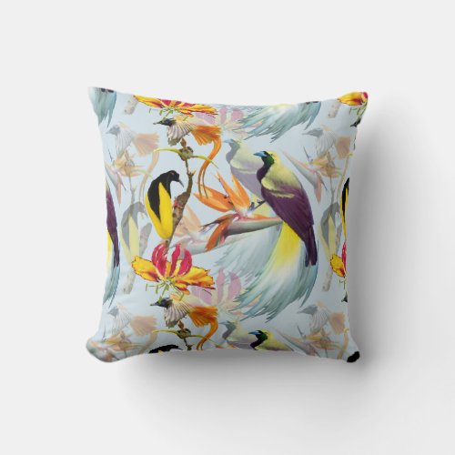 Exotic Birds of Paradise and Flowers Watercolor Throw Pillow