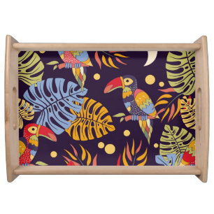 Exotic Birds Plants Colorful Pattern Serving Tray