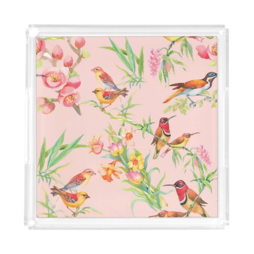 Exotic Birds Vintage Floral Seamless Acrylic Tray