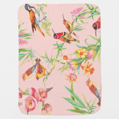 Exotic Birds Vintage Floral Seamless Baby Blanket