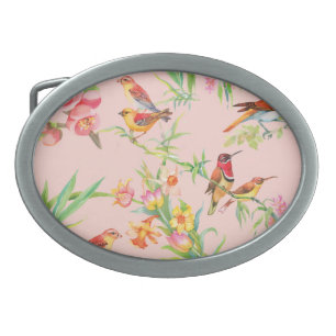 Exotic Birds: Vintage Floral Seamless. Belt Buckle