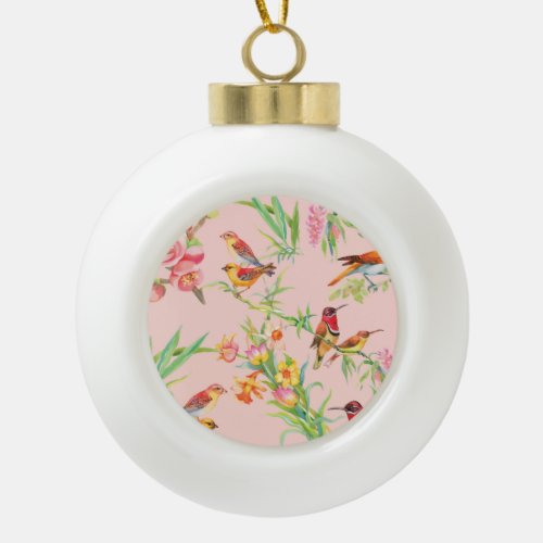 Exotic Birds Vintage Floral Seamless Ceramic Ball Christmas Ornament