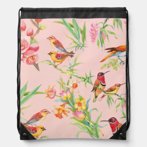 Exotic Birds Vintage Floral Seamless Drawstring Bag