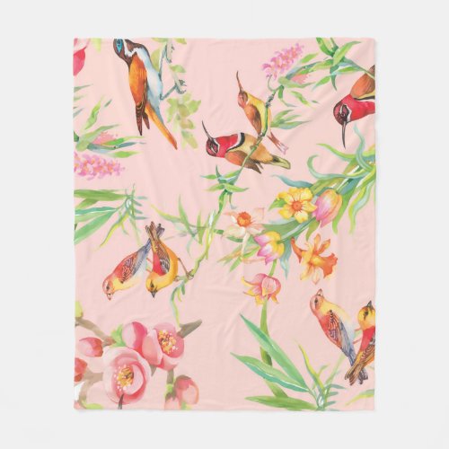 Exotic Birds Vintage Floral Seamless Fleece Blanket