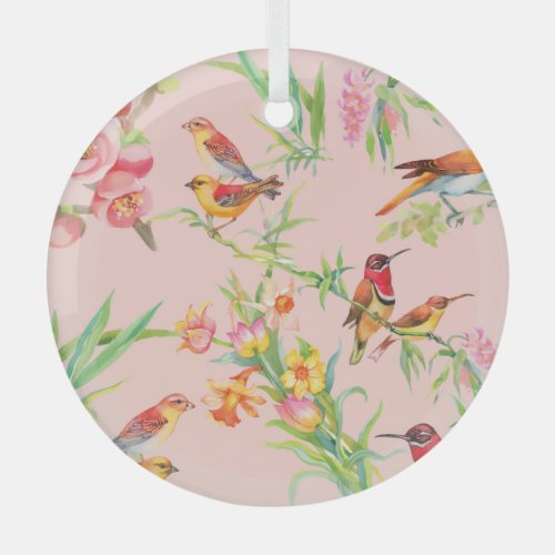 Exotic Birds Vintage Floral Seamless Glass Ornament