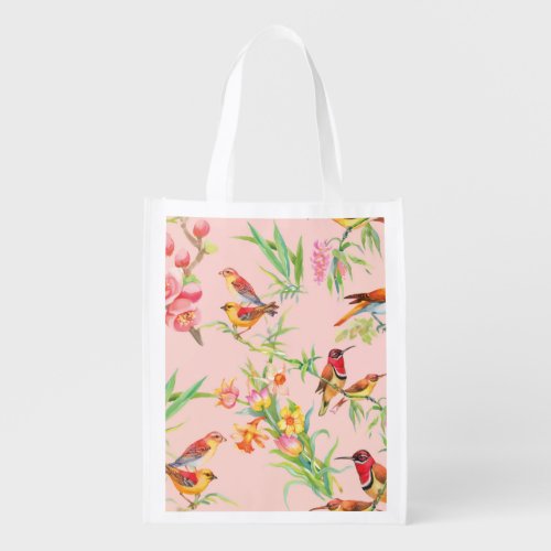 Exotic Birds Vintage Floral Seamless Grocery Bag