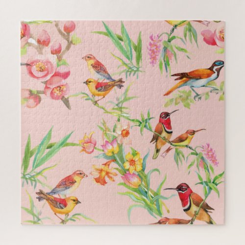 Exotic Birds Vintage Floral Seamless Jigsaw Puzzle