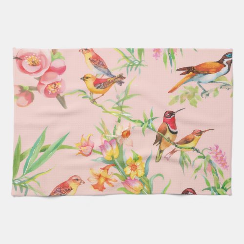 Exotic Birds Vintage Floral Seamless Kitchen Towel