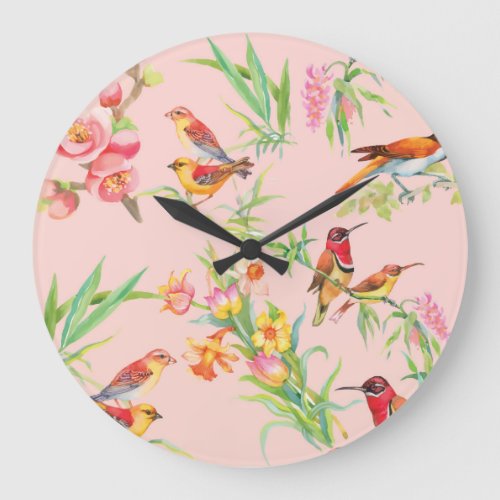 Exotic Birds Vintage Floral Seamless Large Clock
