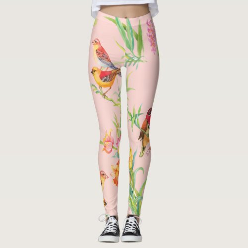 Exotic Birds Vintage Floral Seamless Leggings