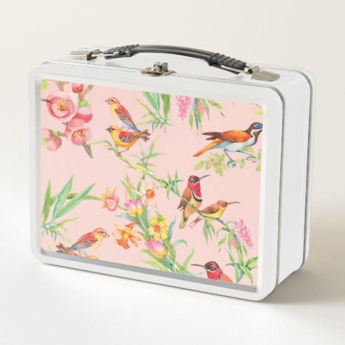 Exotic Birds Vintage Floral Seamless Metal Lunch Box