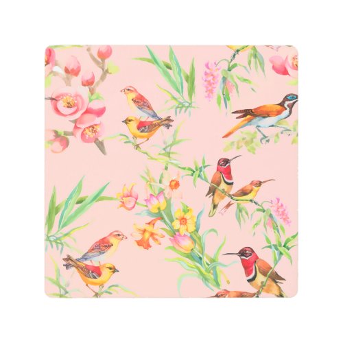 Exotic Birds Vintage Floral Seamless Metal Print