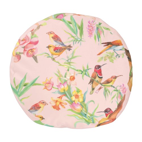 Exotic Birds Vintage Floral Seamless Pouf