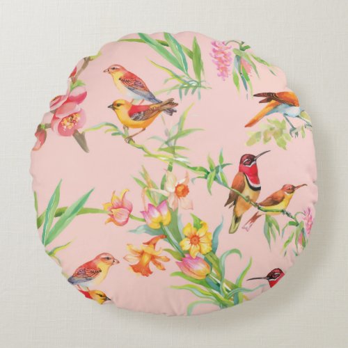 Exotic Birds Vintage Floral Seamless Round Pillow