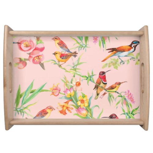 Exotic Birds Vintage Floral Seamless Serving Tray