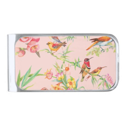 Exotic Birds Vintage Floral Seamless Silver Finish Money Clip