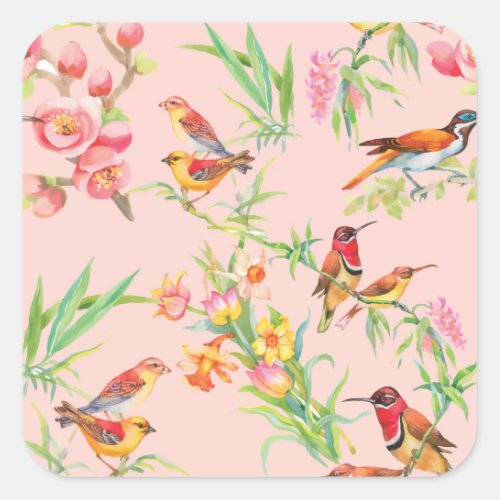 Exotic Birds Vintage Floral Seamless Square Sticker