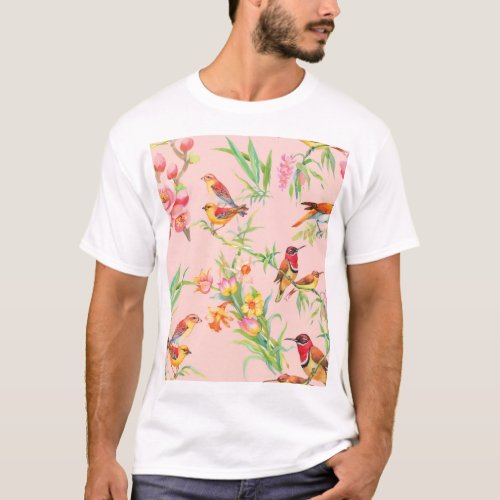 Exotic Birds Vintage Floral Seamless T_Shirt