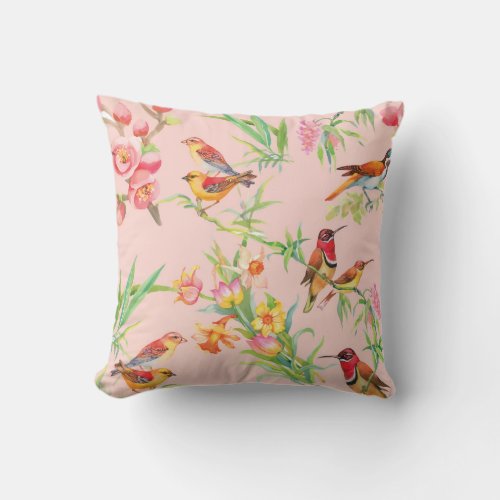 Exotic Birds Vintage Floral Seamless Throw Pillow