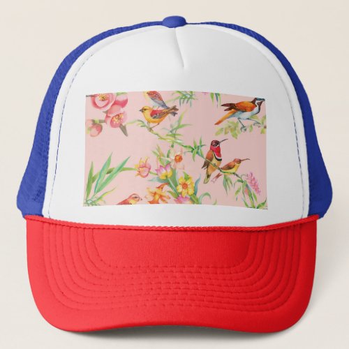 Exotic Birds Vintage Floral Seamless Trucker Hat