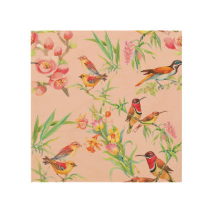 Exotic Birds: Vintage Floral Seamless. Wood Wall Art