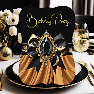 Exotic Birthday Black Brown Coffee gold gem Bow Invitation