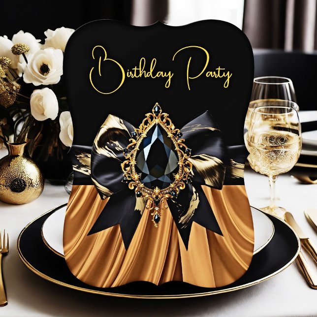 Exotic Birthday Black Brown Coffee gold gem Bow Invitation (Creator Uploaded)
