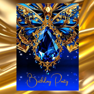 Exotic Birthday Colbolt Blue Gold Jewel Butterfly Invitation