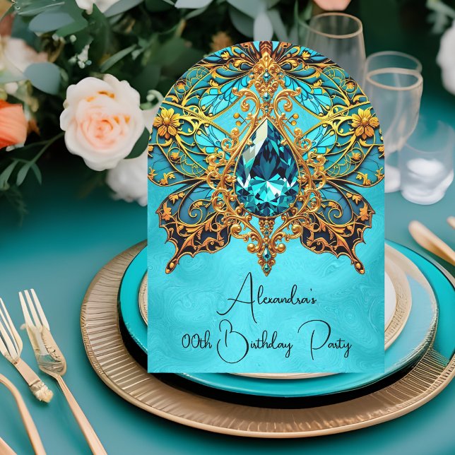 Exotic Birthday Party Teal Blue Gold Jewel  Invitation (Creator Uploaded)