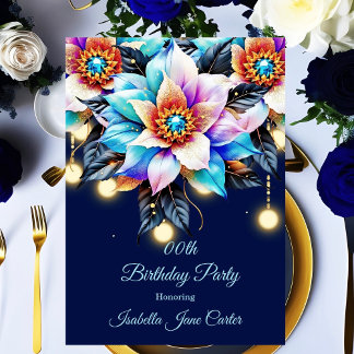 Exotic Birthday Party Teal Pink Blue Purple Floral Invitation
