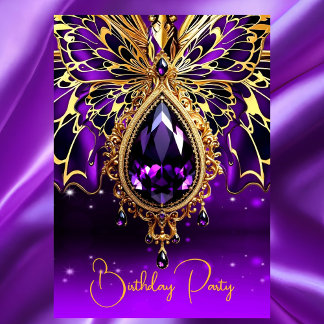 Exotic Birthday Purple Gold Jewel Butterfly Invitation