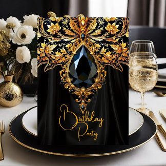 Exotic Birthday Rich Black Gold Jewel Butterfly Invitation