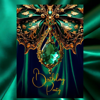 Exotic Birthday Rich Green Gold Jewel Butterfly Invitation