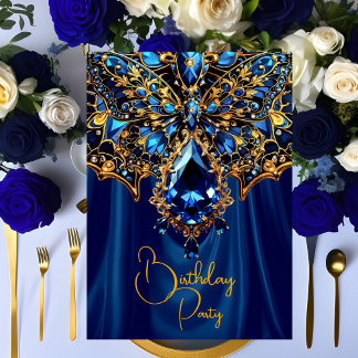 Exotic Birthday Steel Blue Gold Jewel Butterfly Invitation