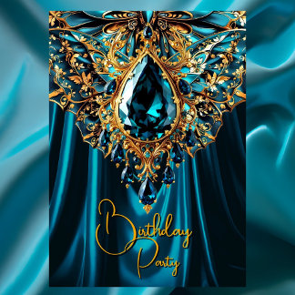 Exotic Birthday Teal Blue Gold Jewel Butterfly Invitation