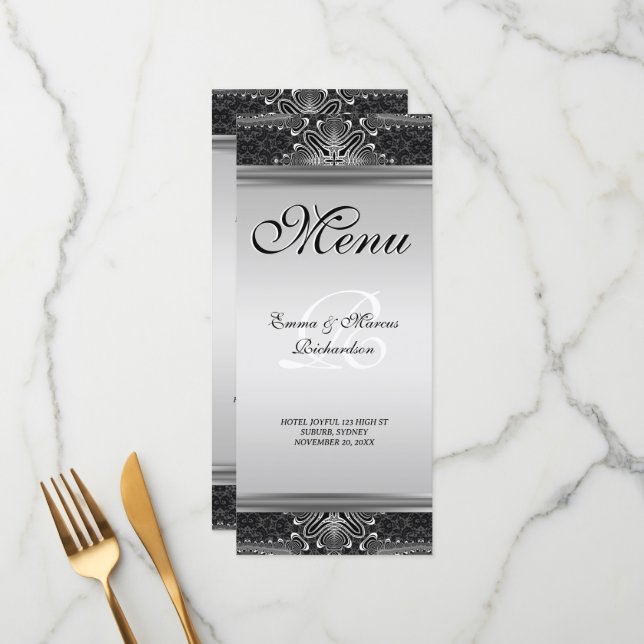 Exotic Black Baroque Wedding Menu Card (Front/Back In Situ)