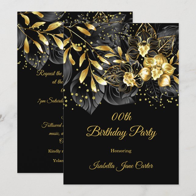 Exotic Black Floral Gold Birthday Party  Invitation (Front/Back)