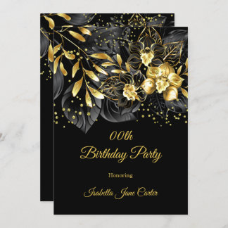 Exotic Black Floral Gold Birthday Party Invitation