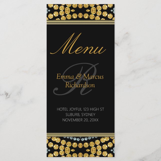 Exotic Black & Gold Decor Wedding Menu Card (Front)