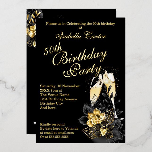 Exotic Black Gold Floral Elegant Birthday Party Foil Invitation (Front/Back)