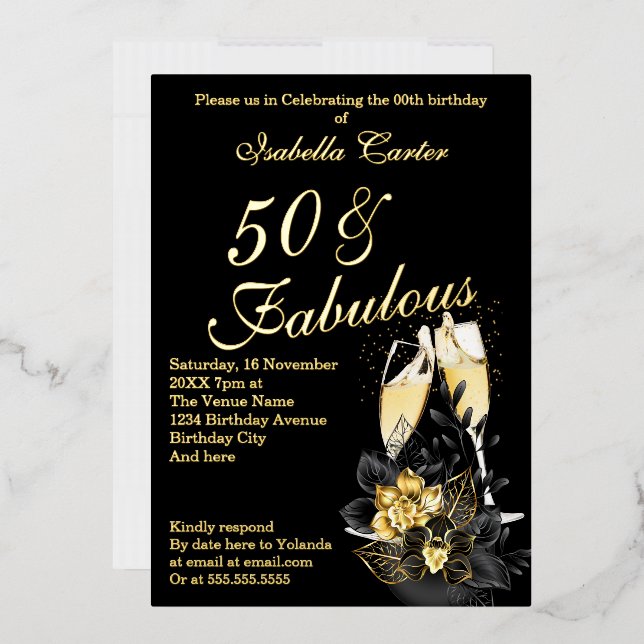 Exotic Black Gold Floral Fabulous Birthday Party Foil Invitation (Envelope)